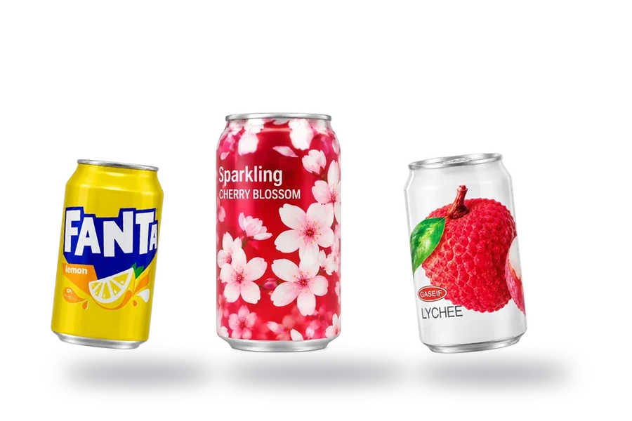 Latas de Fanta limão, Cherry Blossom e Gaseif lichia